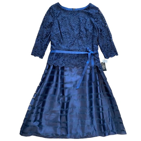 Alex Evenings Women's Navy Blue Lace & Striped Fit & Flare Tea Length Dress 18 - Picture 1 of 12